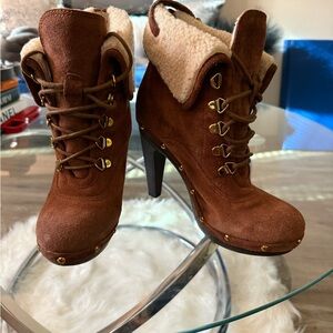 BCBG Brown Suede Ankle Boots with Shearling Lining